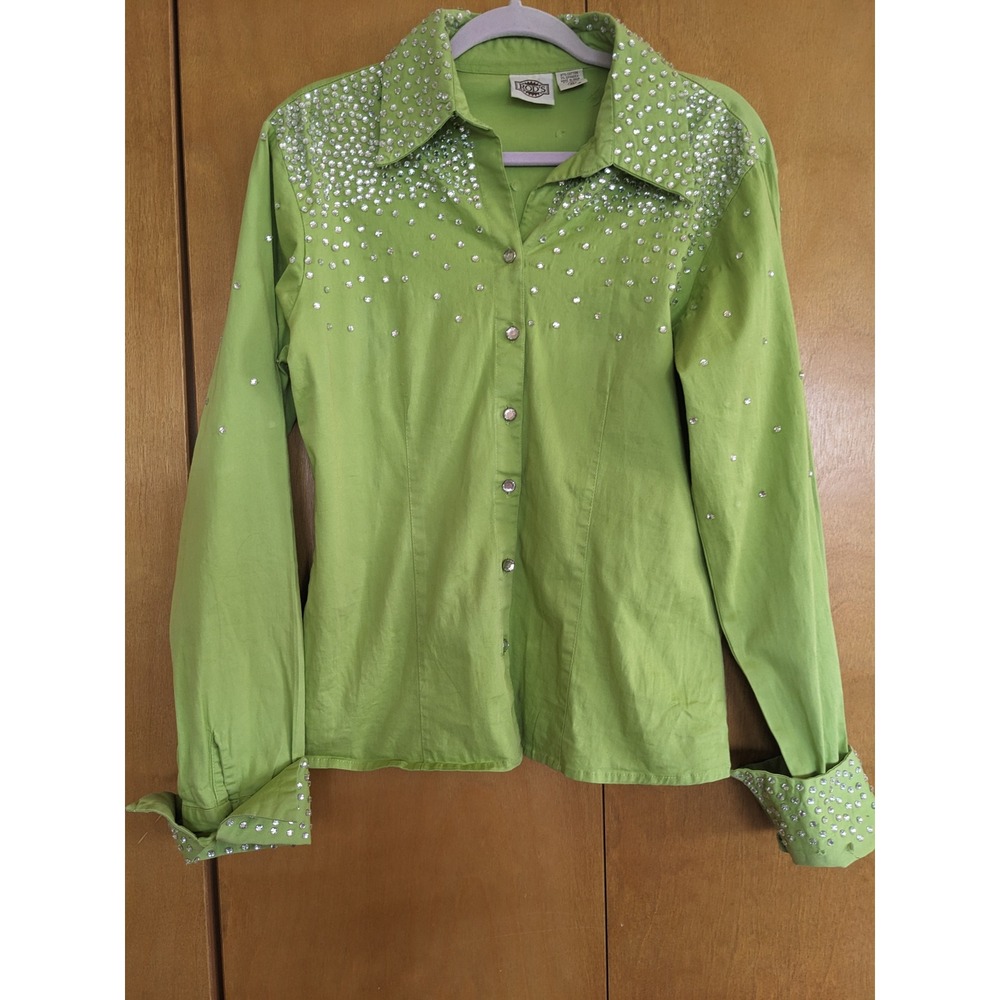 Rods Western Lime Green Rhinestone Embellished Button Up Shirt Womens XL Rodeo